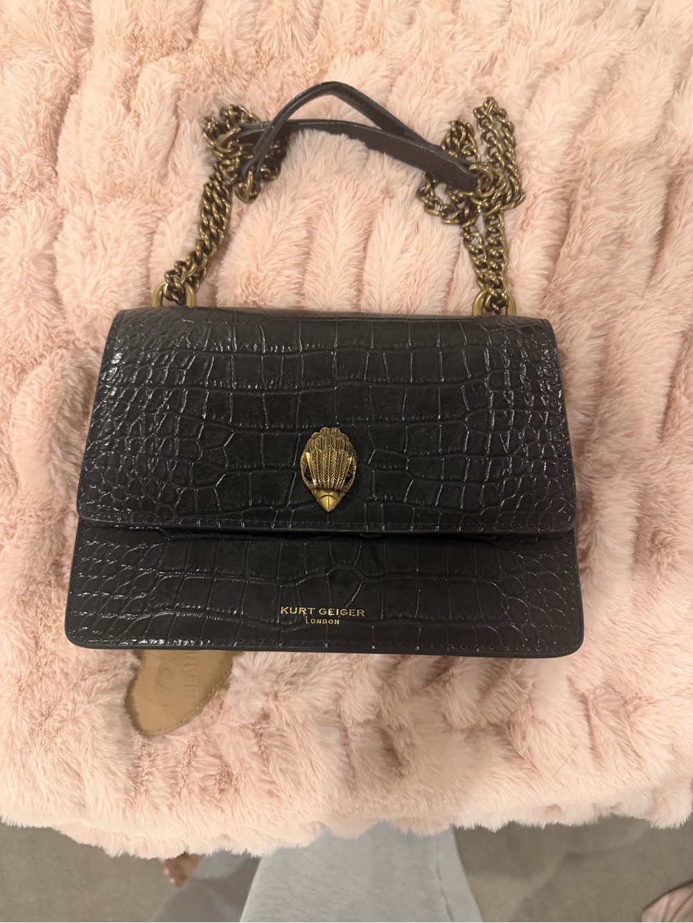 Kurt Geiger Black Croc-Embossed Shoulder Bag with Gold Chain